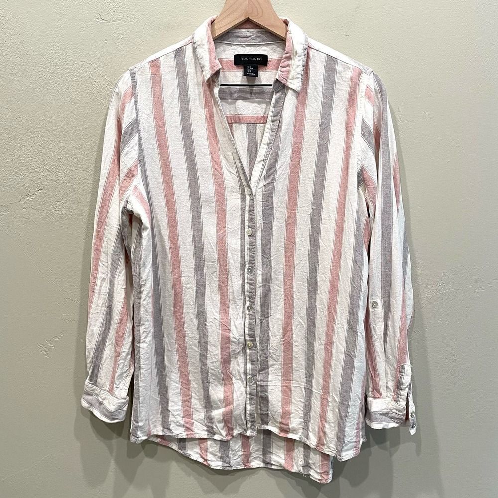 Tahari Stripe Linen Blend Coastal Pink Gray Button Up Tunic Top - Size: Medium